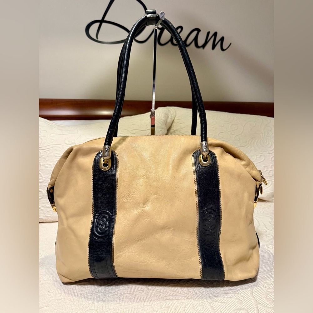 Gently Used Marino Orlandi Tan and Black Italian Leather Travel Bag - Picture 4 of 8